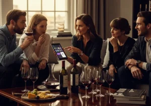 Ihmiset istuvat pöydän ympärillä viinilasiensa kanssa, nauttien seurasta ja keskustelusta